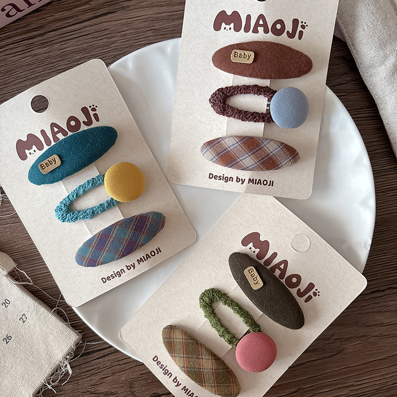 早秋新款百搭韩版3个卡布艺椭圆bb夹女孩刘海发夹儿童格纹发卡