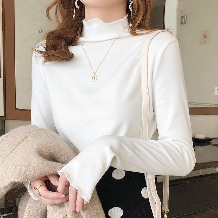 2025秋冬新款打底衫女木耳边半高领长袖洋气内搭修身保暖德绒上衣