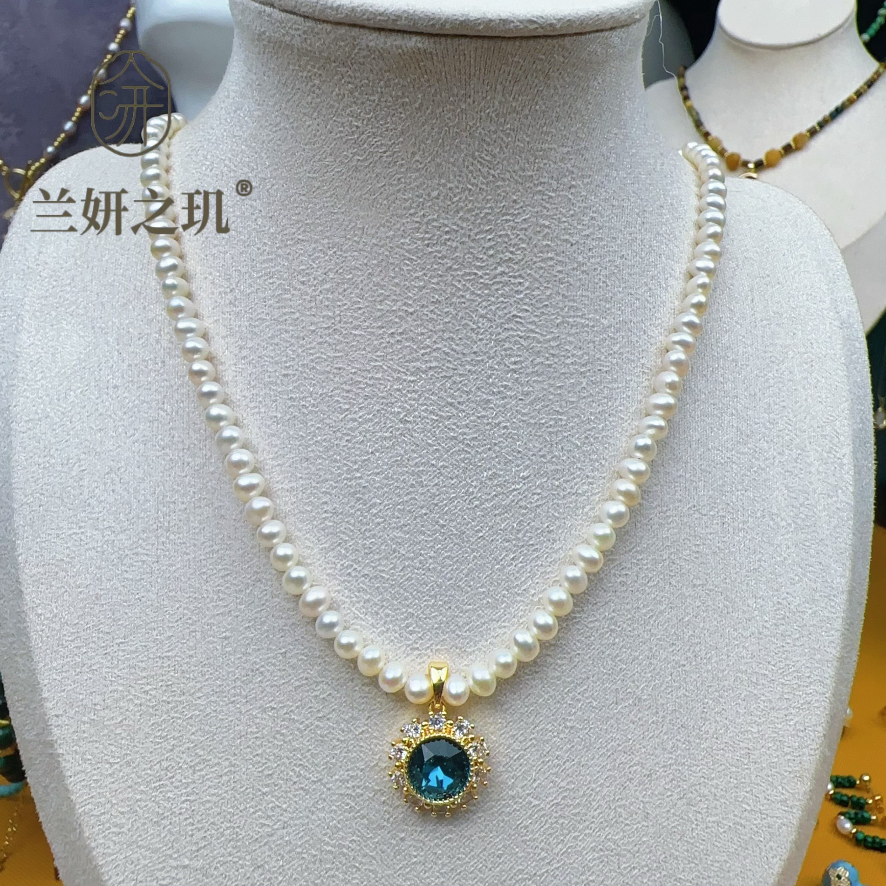 淡水珍珠 4-5mm小米珠珍珠项链宝蓝天然石吊坠全珍珠项链 9835