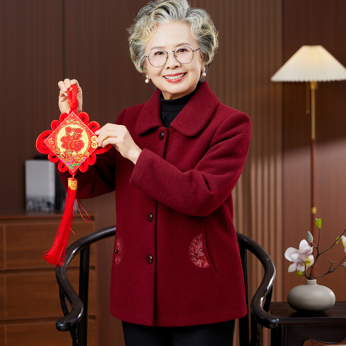 老年人秋装女呢子唐装上衣婆婆妈妈秋冬加厚外套国风奶奶衣服宽松