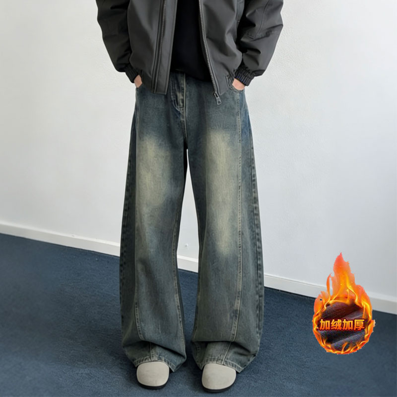 秋冬复古新款弯刀显瘦牛仔裤半松紧腰纽扣款美式宽松高街风ins