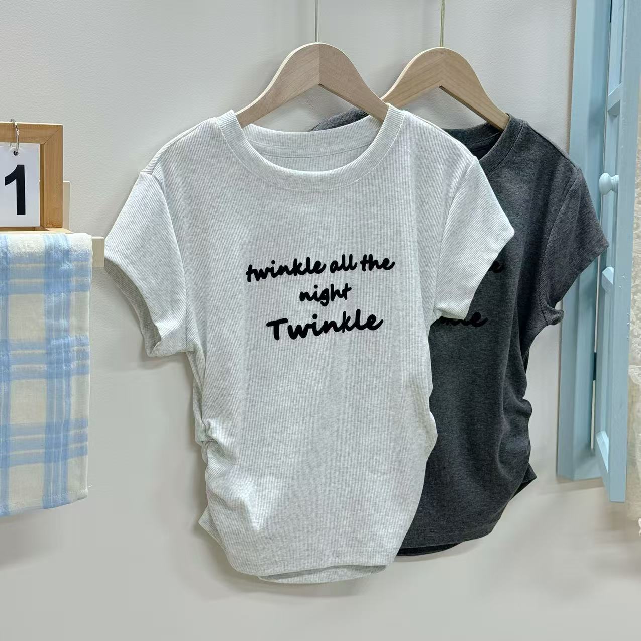 【TW收腰】韩系螺纹棉字母短袖t恤褶皱修身显瘦短款上衣