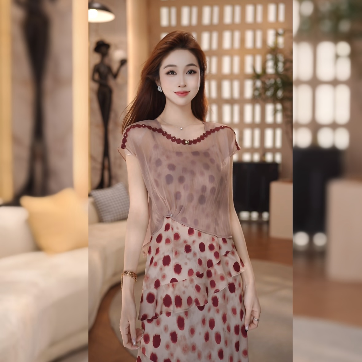 【钟意宠粉】红烨波点罩衫两件套气质高腰显瘦遮肉连衣裙-251813