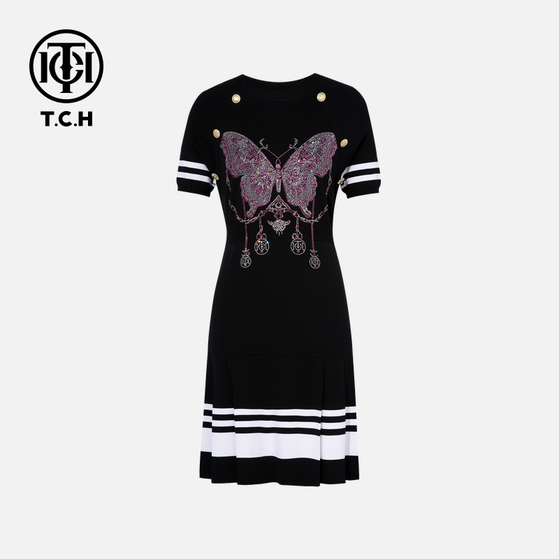 TCH轻奢时尚潮牌烫钻高定蝴蝶黑白撞色连衣裙T75B30E1207