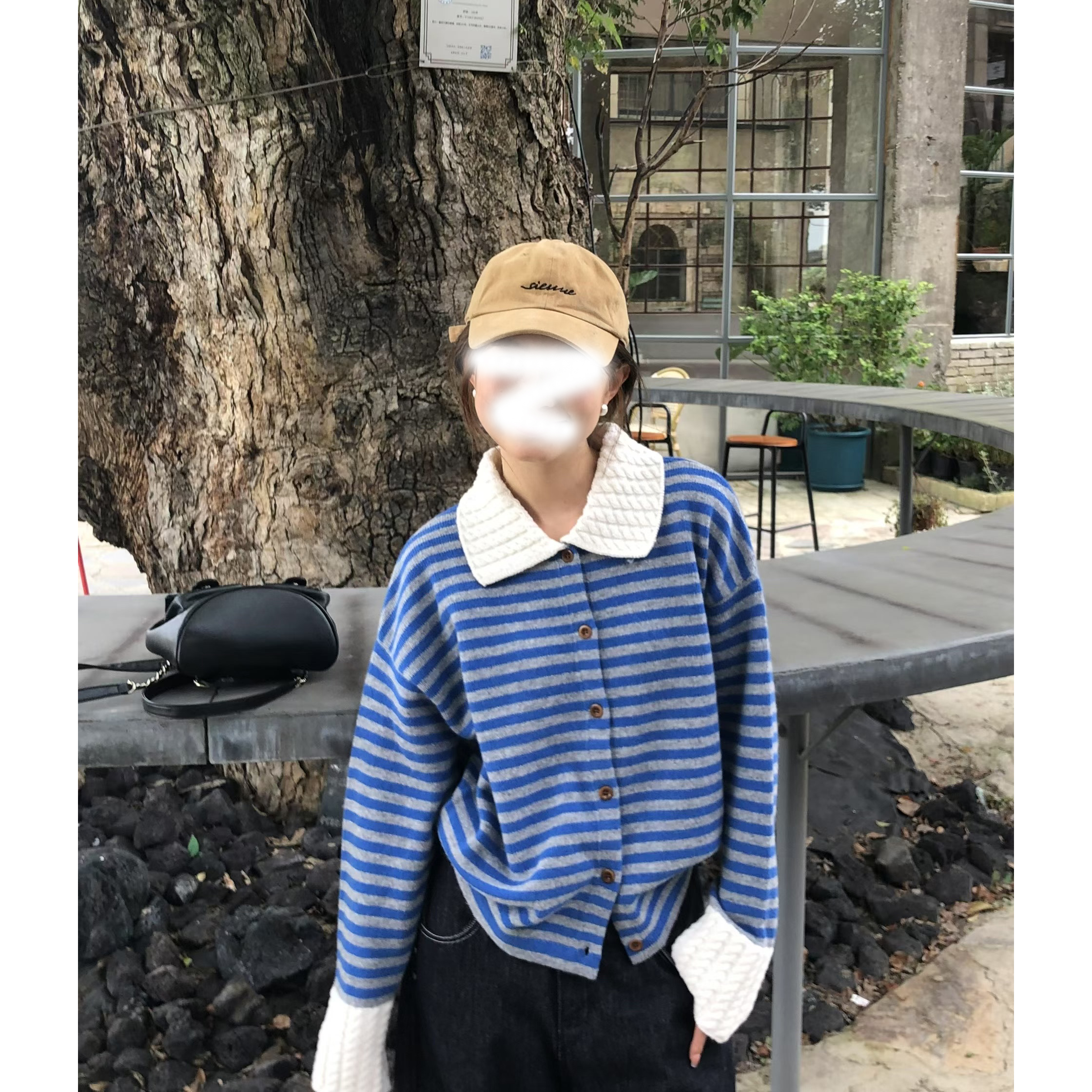 领口拼接条纹长袖毛衣韩系小众针织开衫25秋季新款百搭