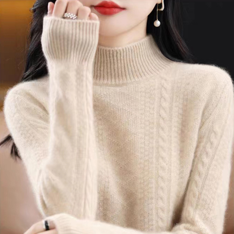 冬季加厚羊绒衫女半高领纯色百搭中年妈妈厚款保暖宽松毛衣针织衫