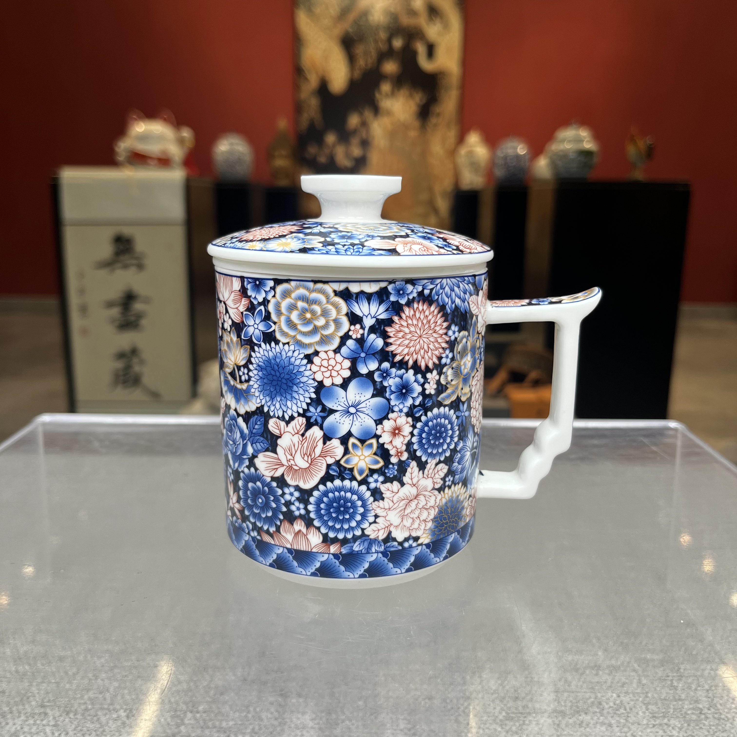 万花釉里红办公杯水杯分离大容量@Z215