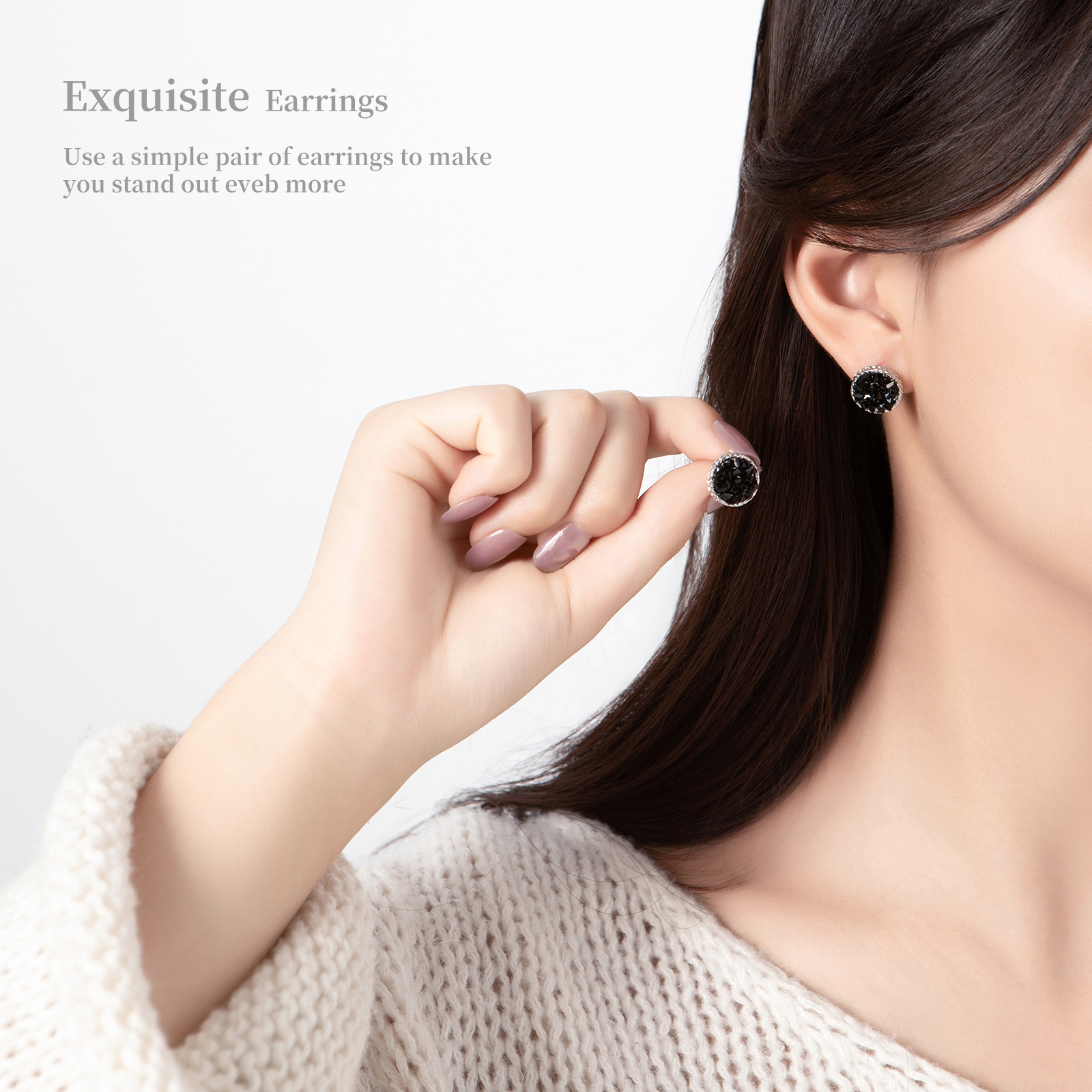 925银仿水晶耳饰 黑水晶耳钉小香风简约耳饰高级个性耳环925银