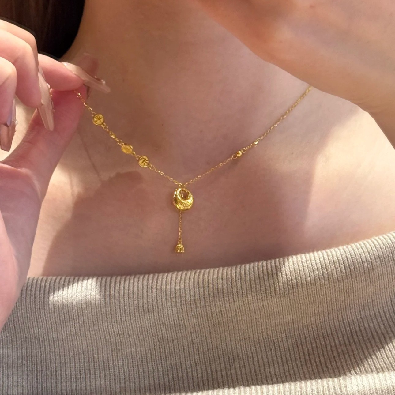 合金项链 新中式高级感平安喜乐小坨圈项链