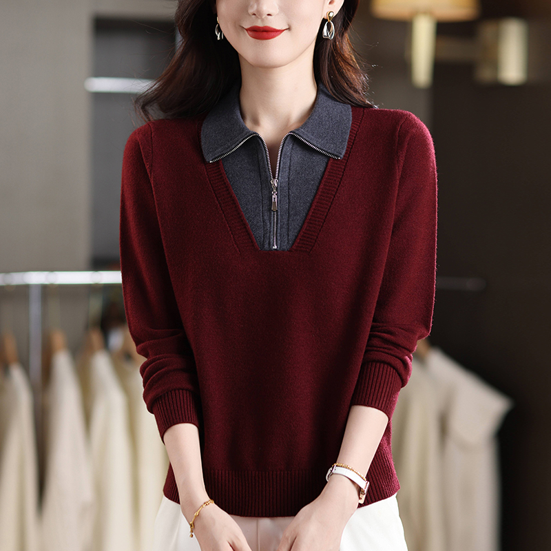 春秋大码洋气红色毛衣女宽松遮肚子显瘦百搭秋冬假两件针织打底衫