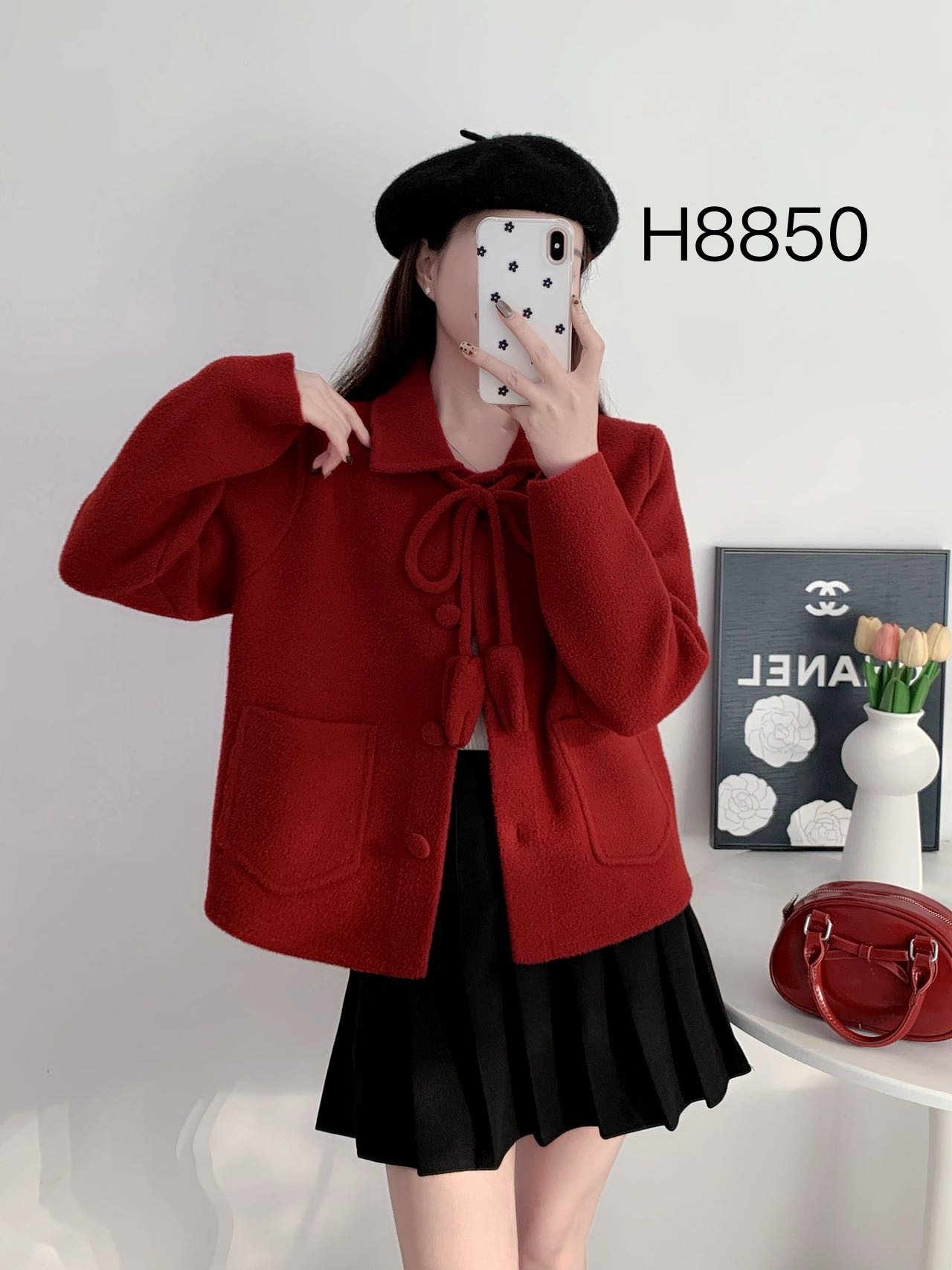 冬季新款小香风翻领外套红色女式毛衣减龄宽松百搭上衣