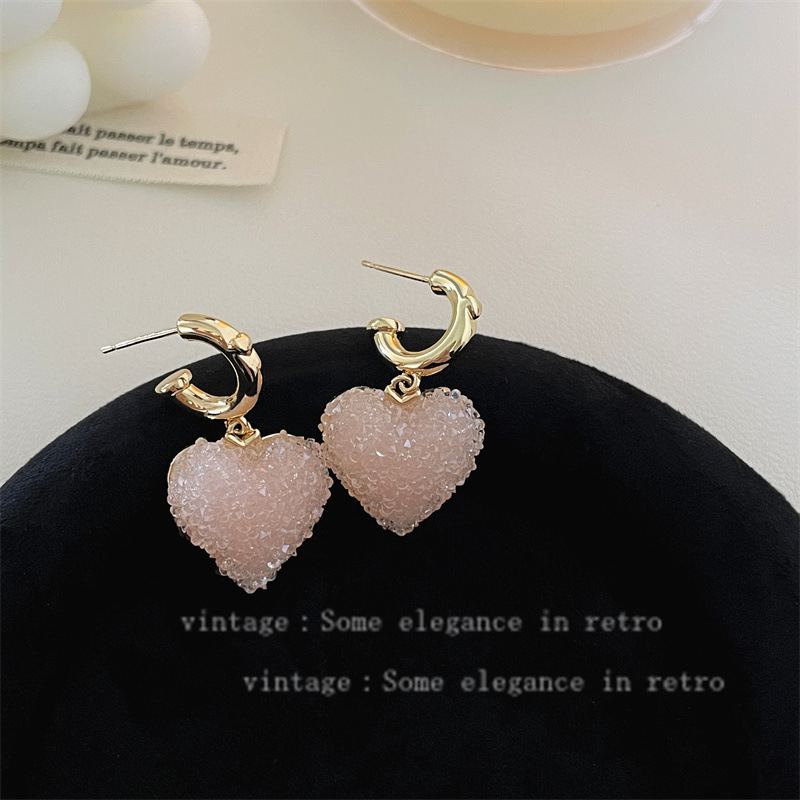 铜合金锆石耳饰 粉色满钻糖果爱心耳环女设计感网红百搭耳饰新款