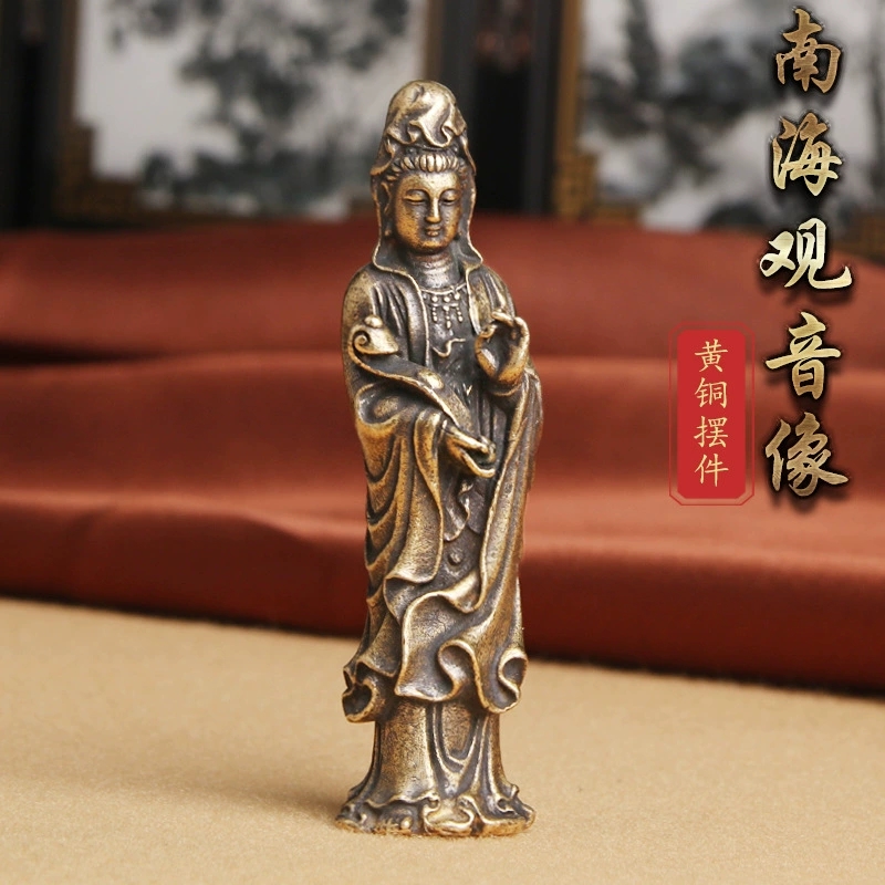 复古黄铜观音立体像桌面摆件宗教供奉神像工艺品手把件挂件老铜器