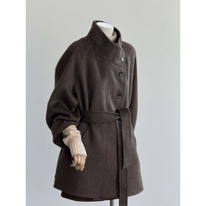 AY29韩版双面羊毛大衣女春季新款高级感棕色立领系带羊毛呢短外套