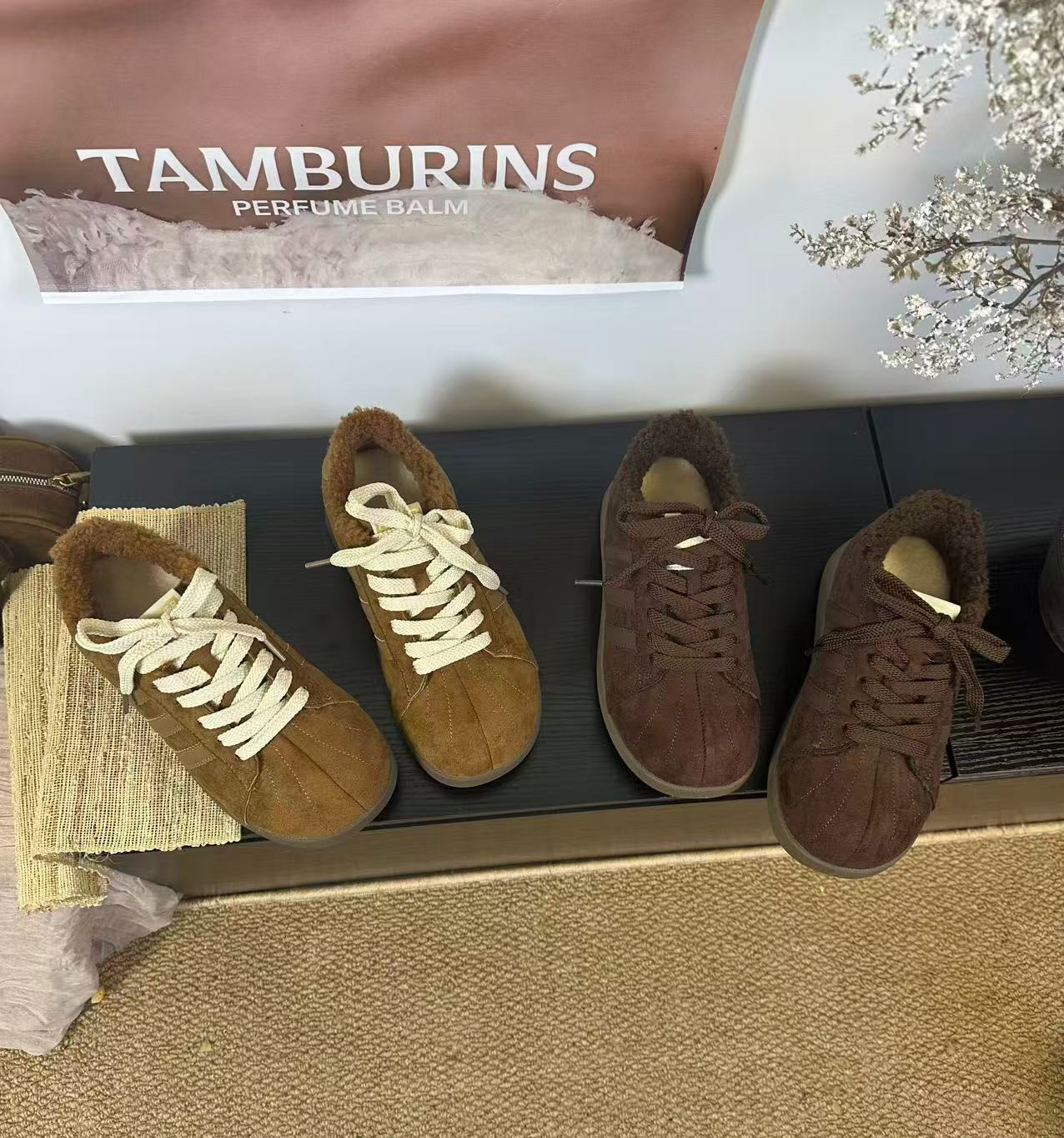 2025冬季新款加绒德训鞋女 复古棕保暖面包鞋 系带休闲板鞋