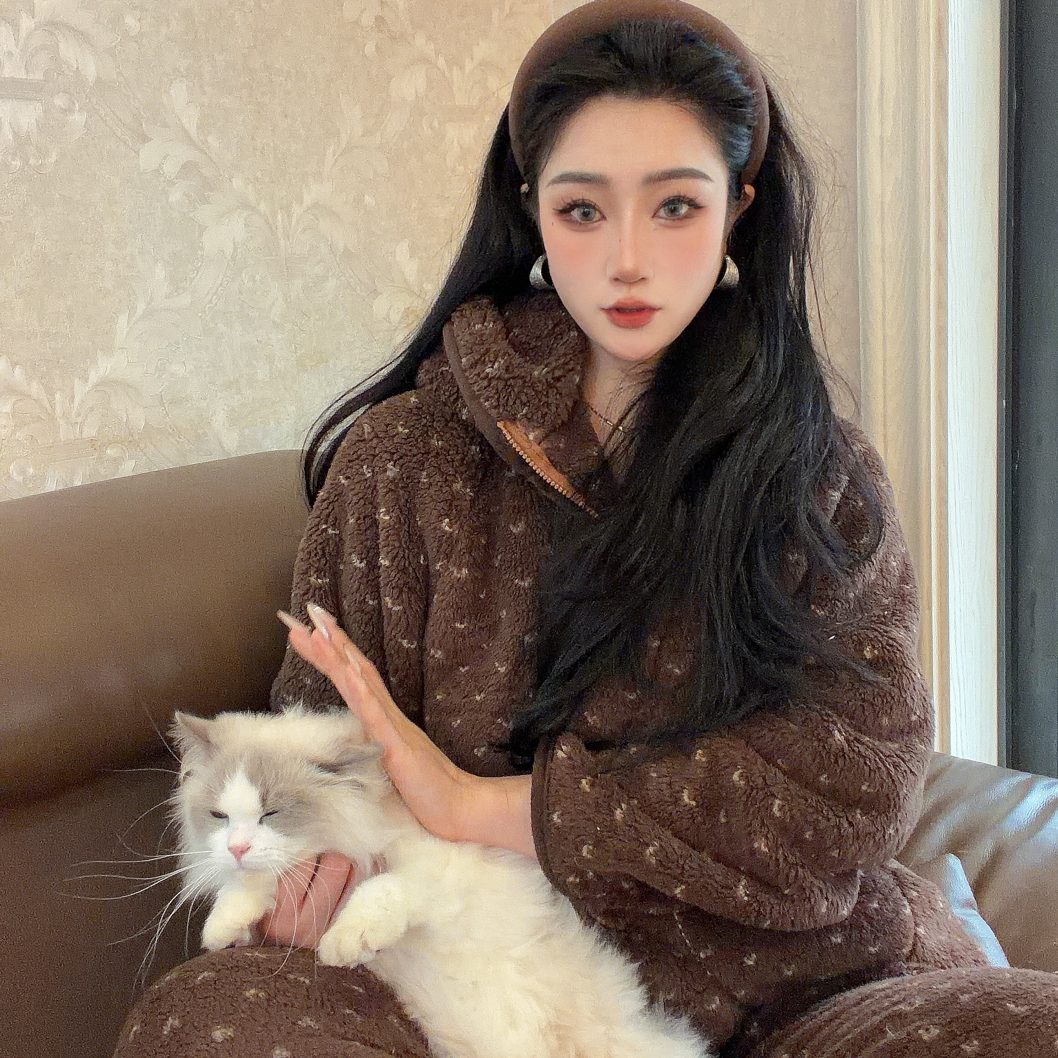 【巨保暖！北羔绒！】连帽睡衣冬季家居服女士加绒加厚宽松休闲时尚