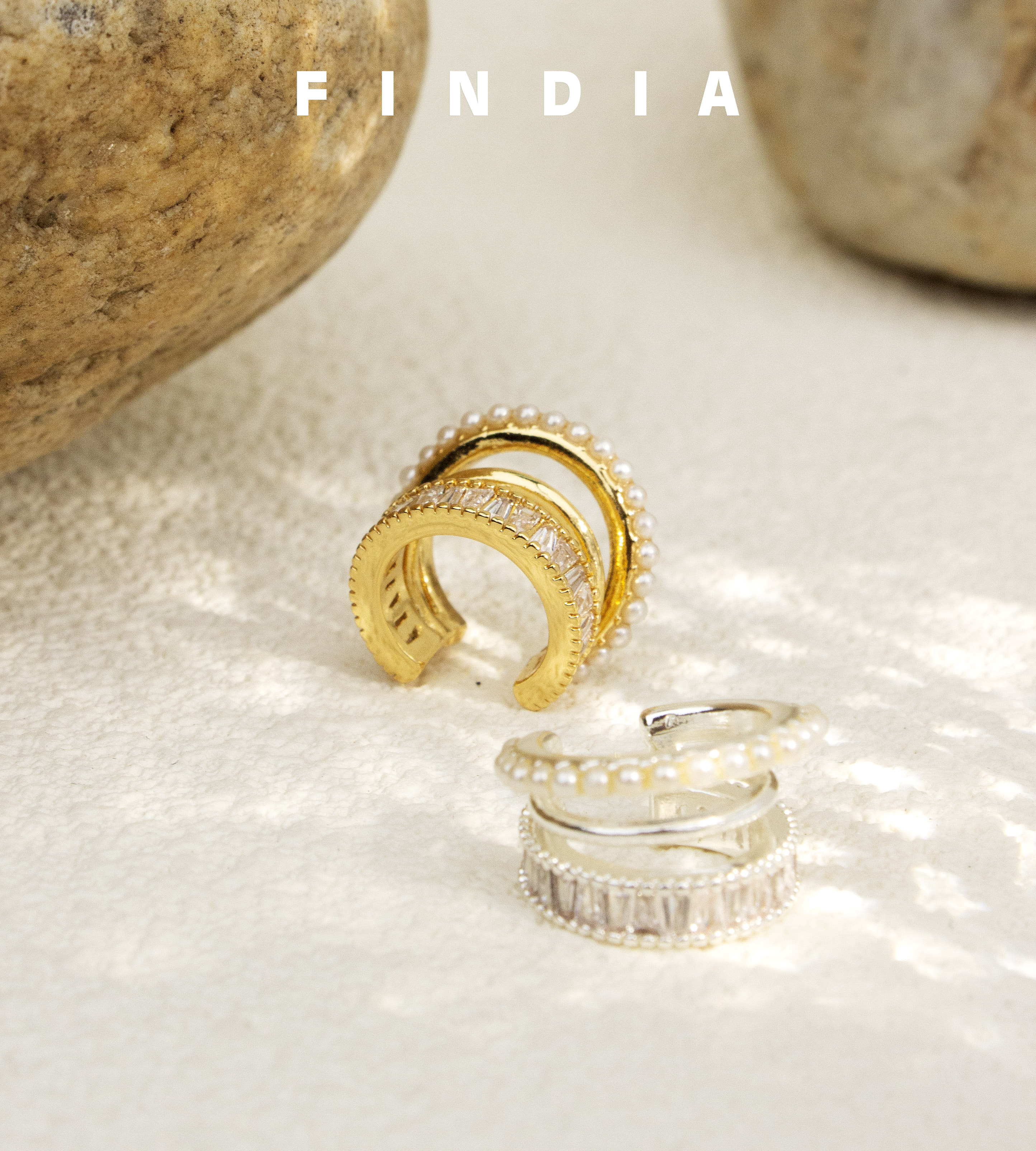 黄铜耳饰 FINDIA 逆时间 无耳洞三层金银珍珠锆石闪烁耳骨夹耳饰