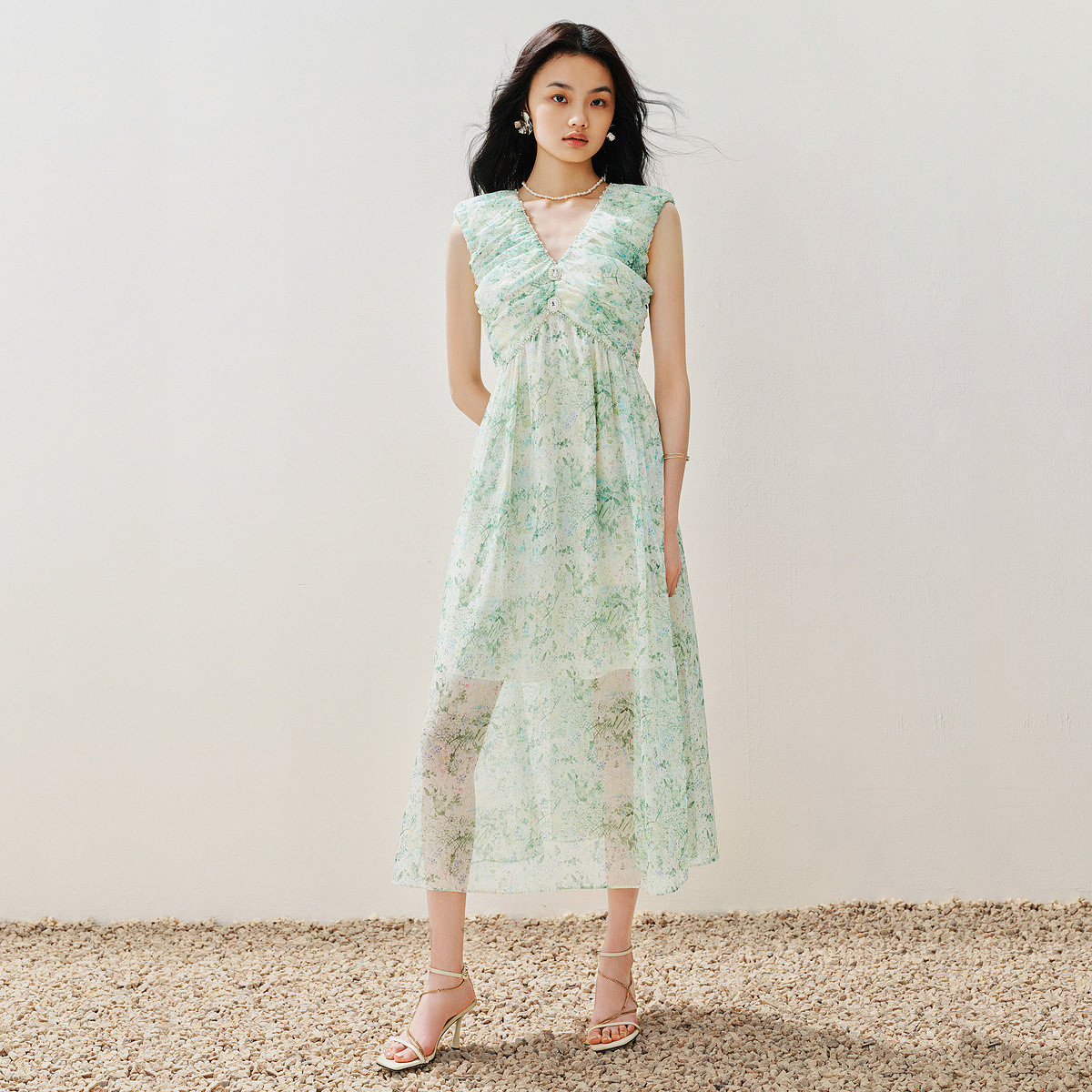 绿野仙踪园艺复古风v领气质衬衫拼接连衣裙夏季茶歇裙