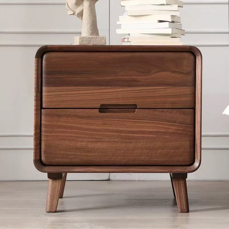 北美黑胡桃家具 黑胡桃床头柜 带腿双抽床头柜 实木床头柜