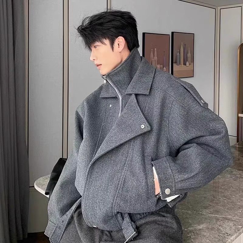 cleanfit假两件毛呢大衣男秋冬加厚高级感短款廓形轻熟风夹克外套