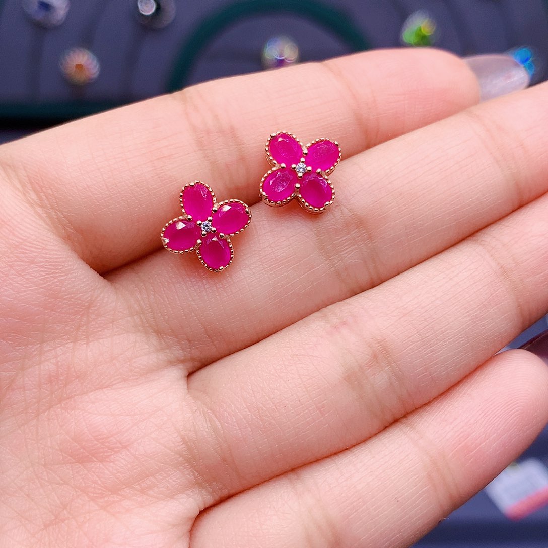 红宝石耳饰银S925镶嵌