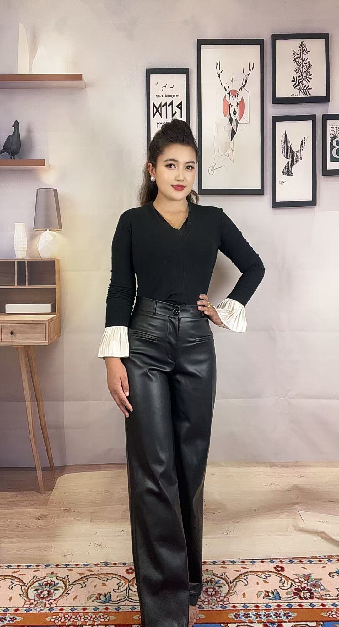 皮裤hurum extan新款秋冬加绒高腰直筒百搭女士皮裤加长版