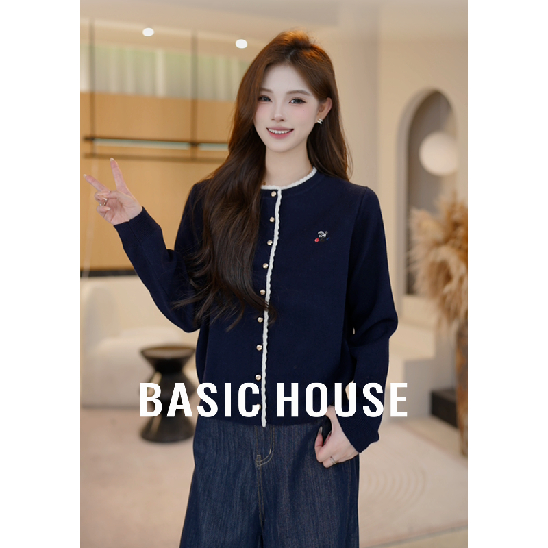 Basic House/百家好韩系撞色花边针织衫女秋新款上衣B1195B51A62