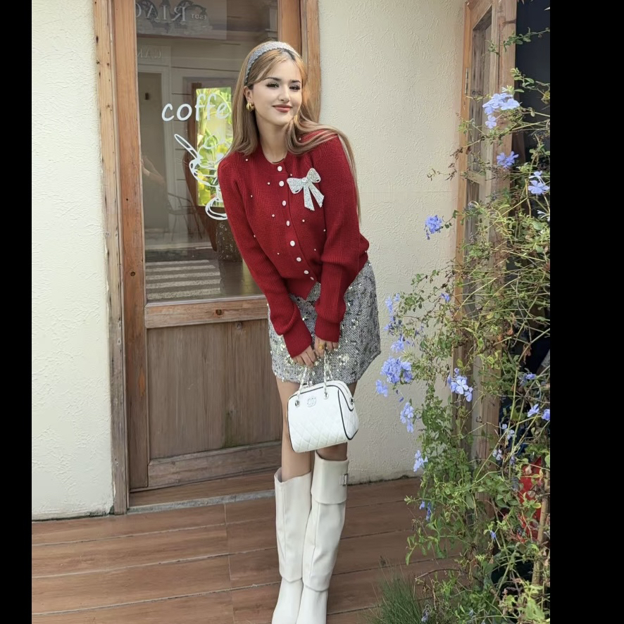 Rayhon两件套针织厚款学院风鱼蝴蝶结毛针织衫复古秋季女装毛衣