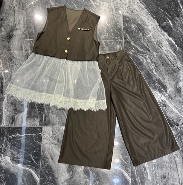 【BAI】夏新款拼网纱V领马甲上衣+阔腿裤套装3803