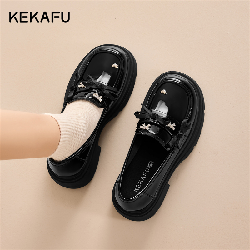 珂卡芙厚底乐福鞋女2025春季新款英伦风法式粗跟单鞋子黑色小皮鞋