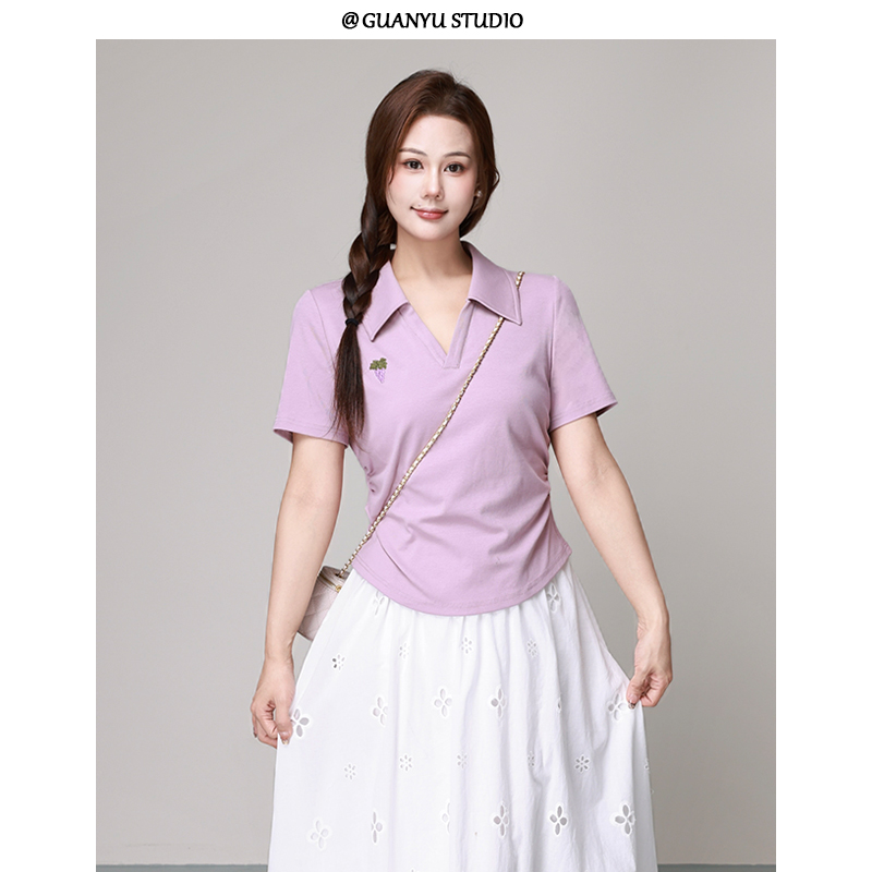 【初夏计划】蛋妹大码女装胖mm夏季翻领V领短袖T恤衫上衣DM26311