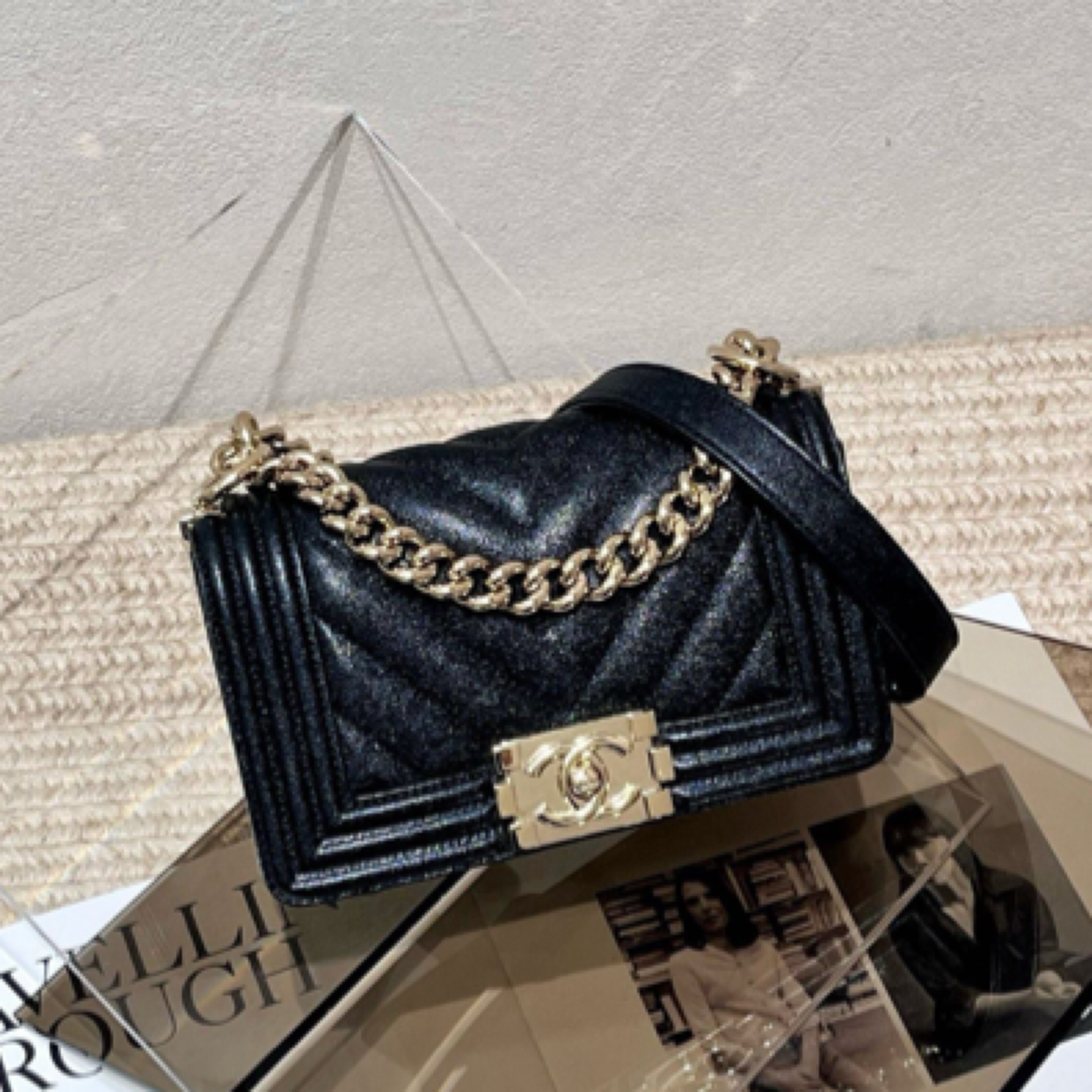99新 Chanel/香奈儿 黑金V纹荔枝牛皮leboy 小号单肩斜挎包