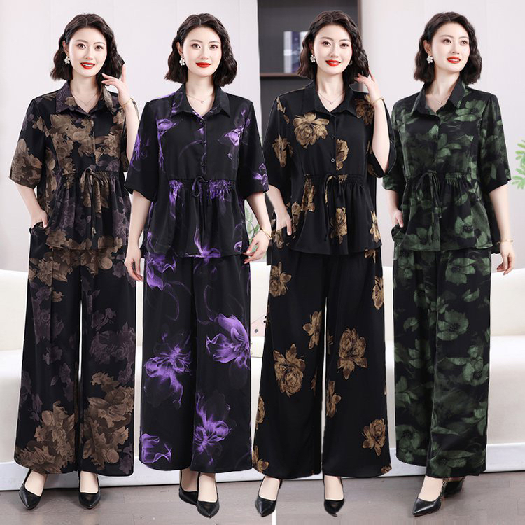 洋气印花灯笼袖上衣阔腿裤两件套2025夏装新款时尚减龄休闲套装女