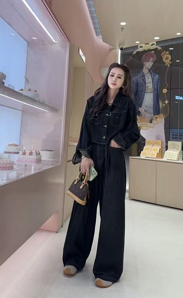 优雅 秋季新款时尚翻领单排扣牛仔衬衫+高腰阔腿牛仔裤两件套女