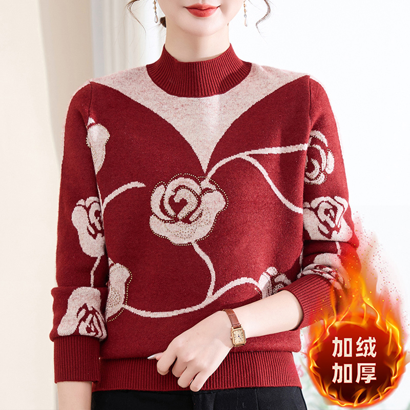 新款时尚妈妈装冬季针织一体绒毛衣中老年女装洋气加绒保暖打底衫
