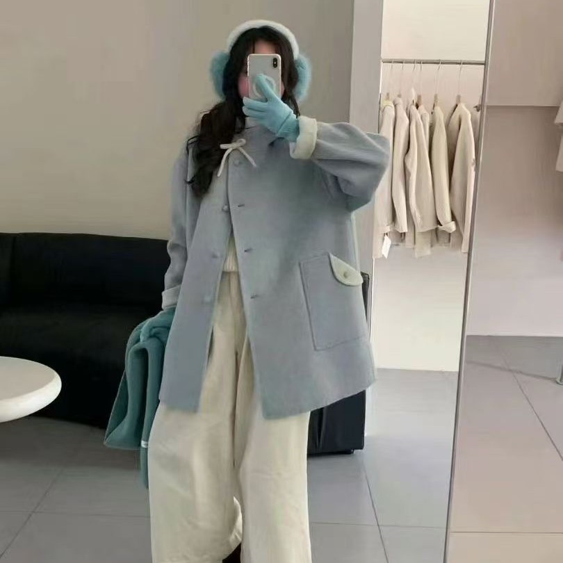 甜美蝴蝶结宽松双面双色羊毛斗篷大衣秋冬百搭洋气