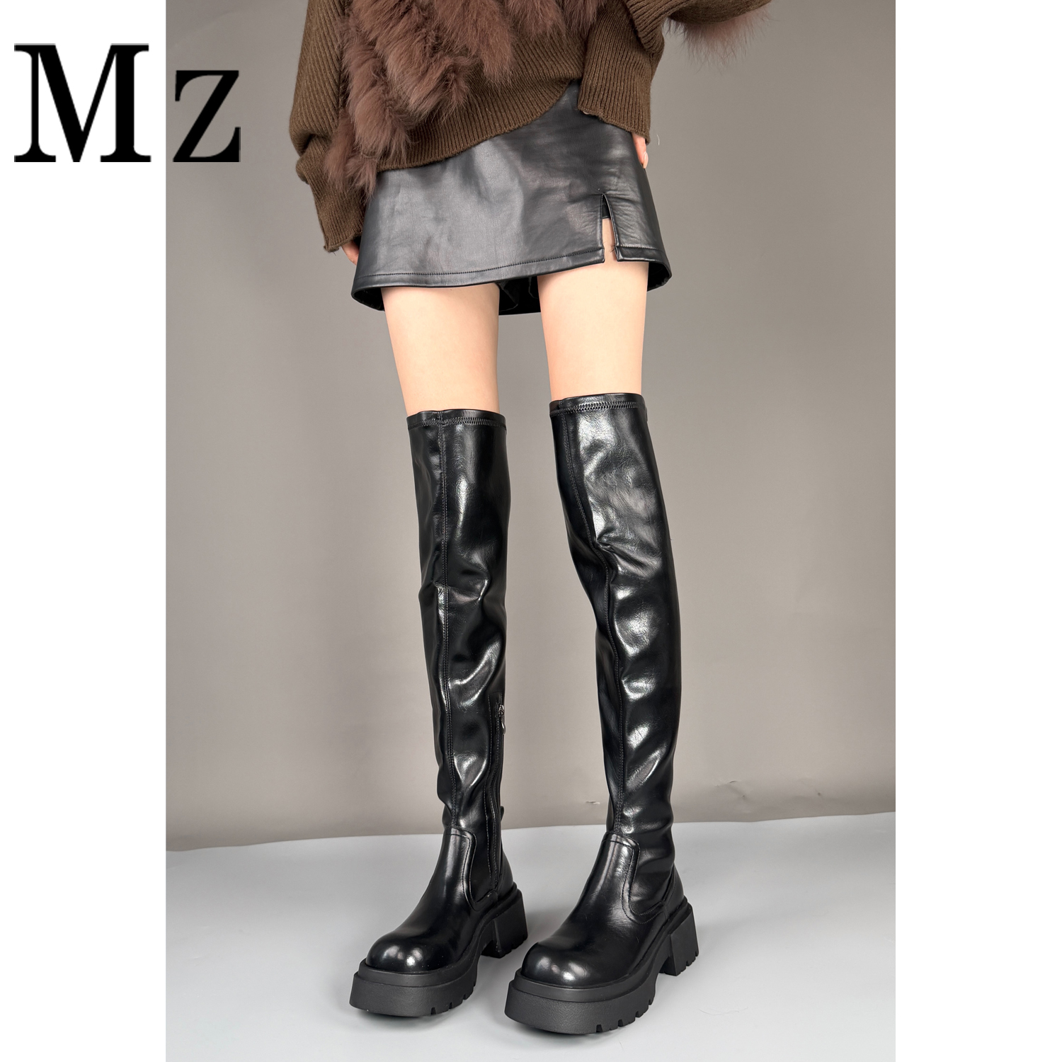 Mr.Zheng/5.5cm/过膝长靴弹力靴瘦瘦靴厚底增高长靴侧拉链时装靴