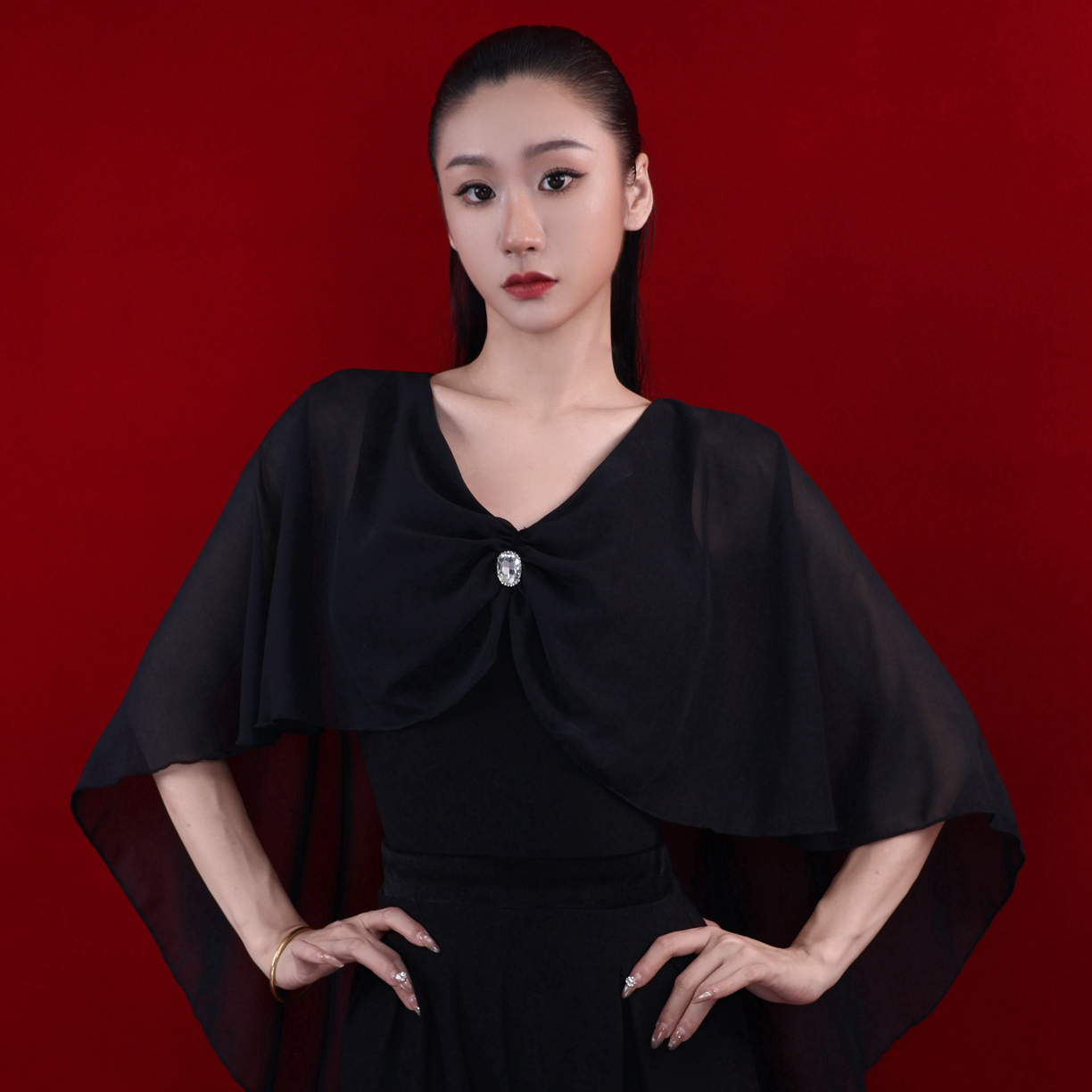 Tina舞服四色新款法式雪纺飘逸纱袖手工缝钻上衣带胸垫连体衣A07