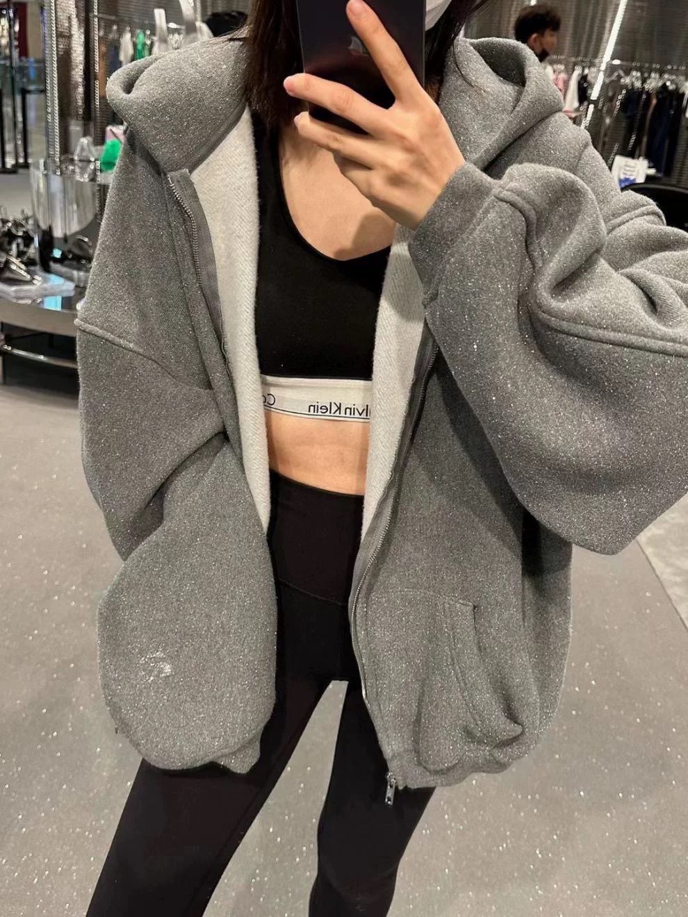 天花板A/W闪粉卫衣外套加厚加绒一件过冬灰色宽松潮街头保暖