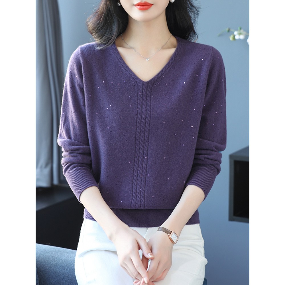 100纯羊绒女毛衣秋冬新款V领套头亮片时尚宽松短款百搭羊毛打底衫
