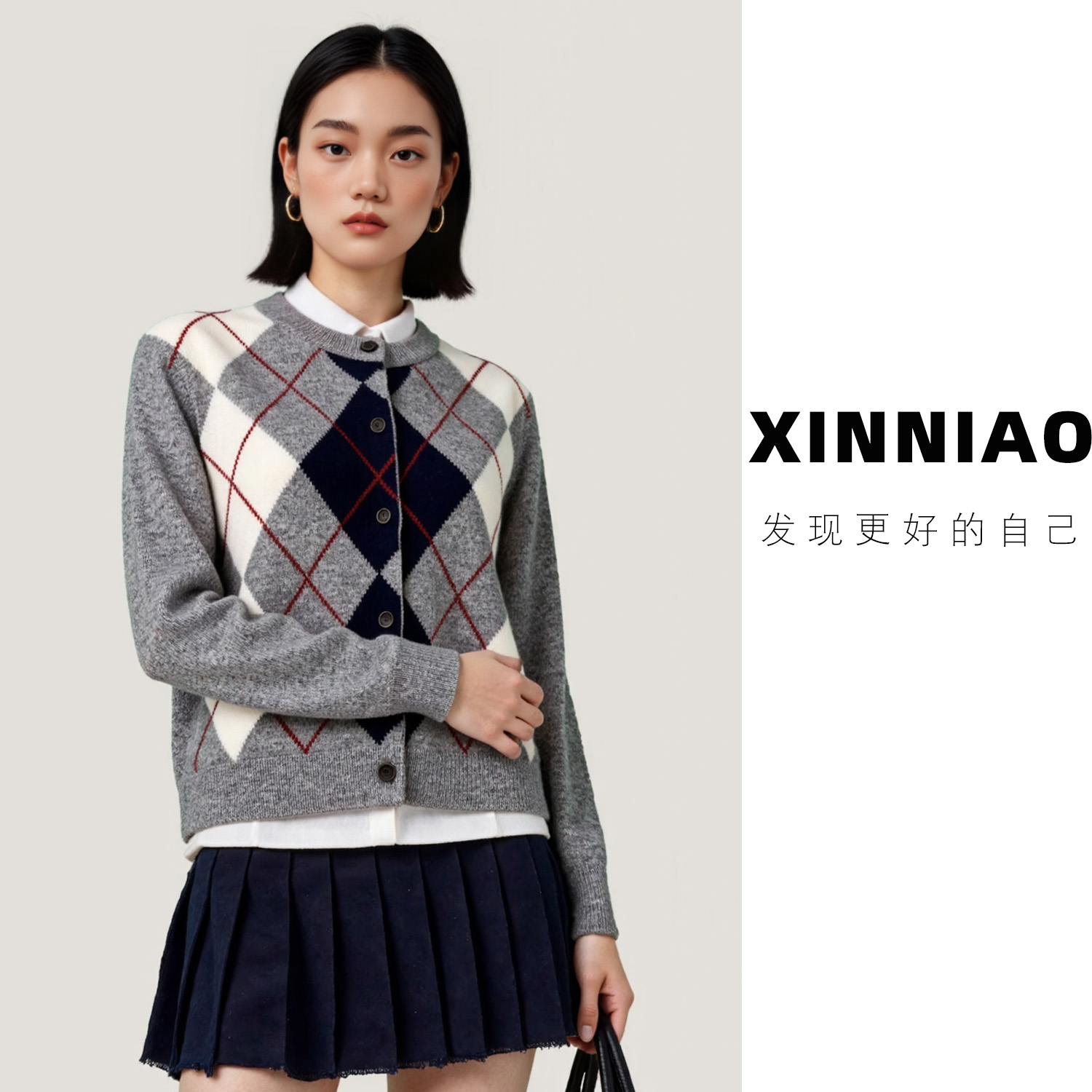 [Retro College]XINNIAO纯羊毛学院风针织衫秋冬菱格圆领女上衣