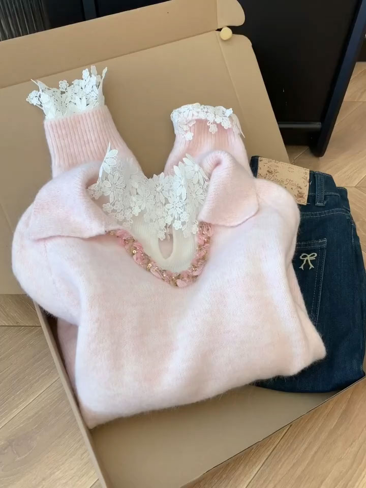 粉色翻领针织衫毛衣女秋冬可外穿内搭慵懒风高级感奶fufu软糯上衣