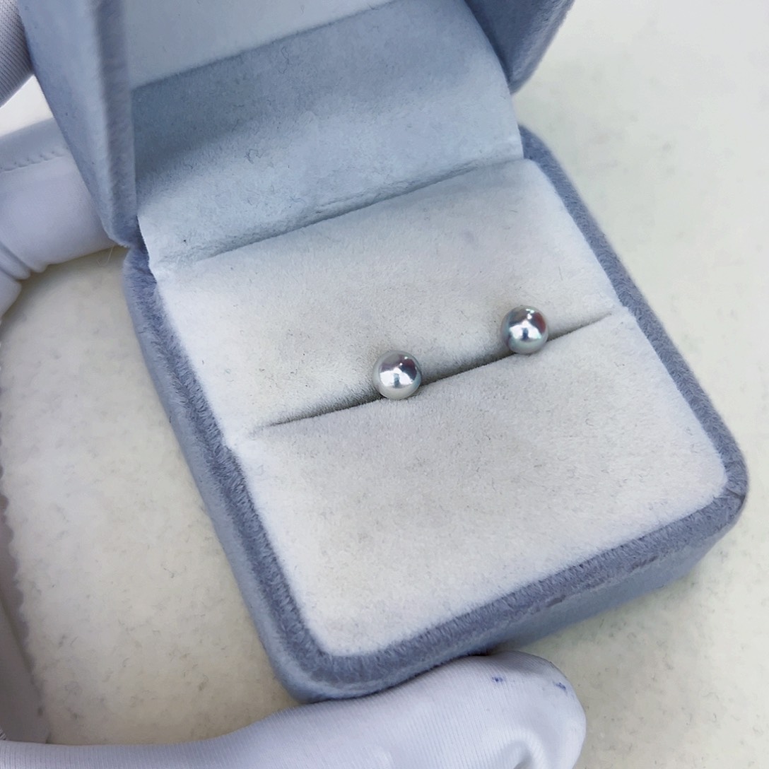 海水珍珠海水akoya真多麻色耳钉5-6mm银S925镶嵌