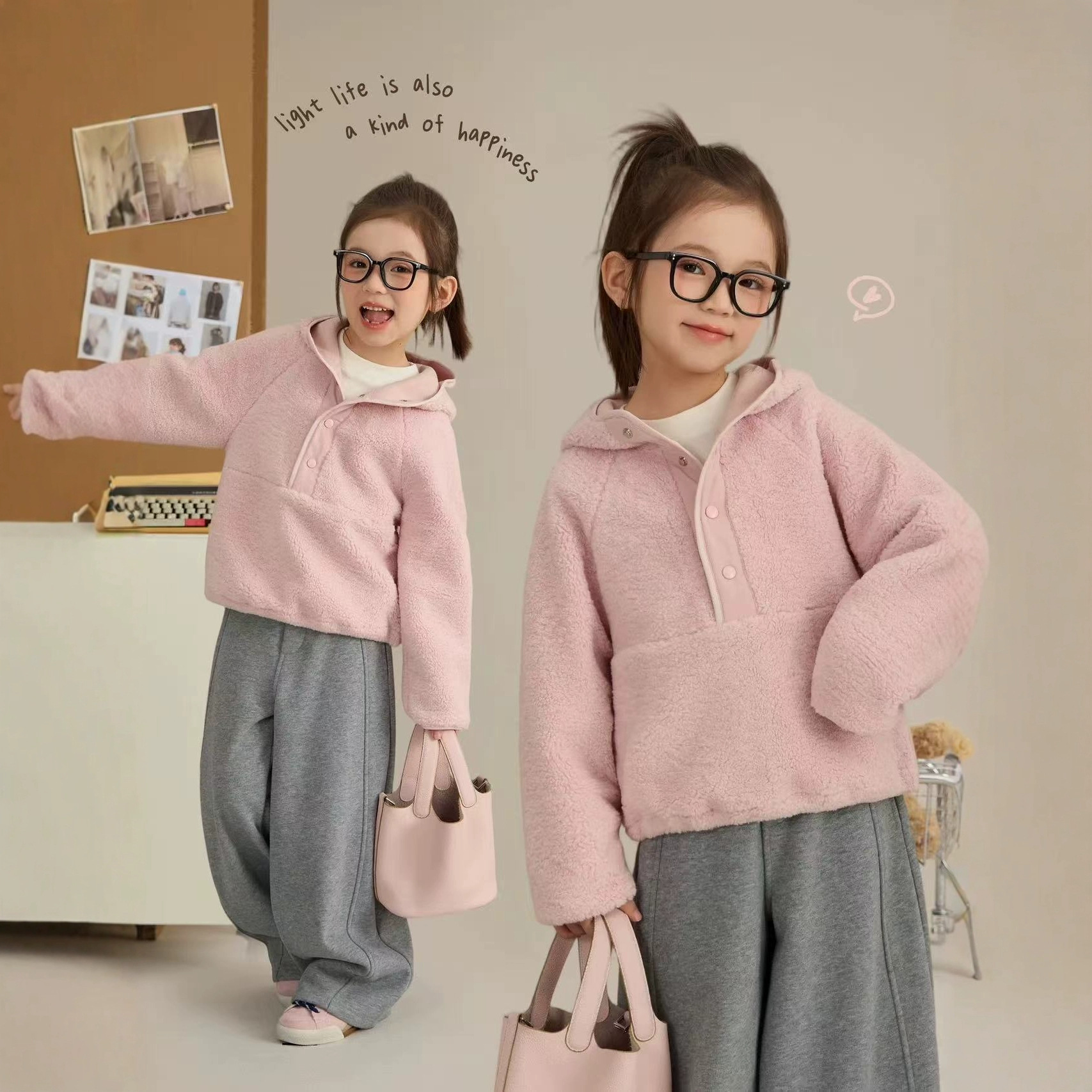 面包仔女童元气少女加绒粉嫩嫩羊羔绒卫衣