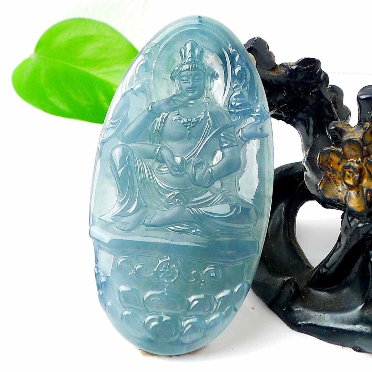 高品质天然A货翡翠大件高冰种天空蓝大势至菩萨挂件马生肖守护神