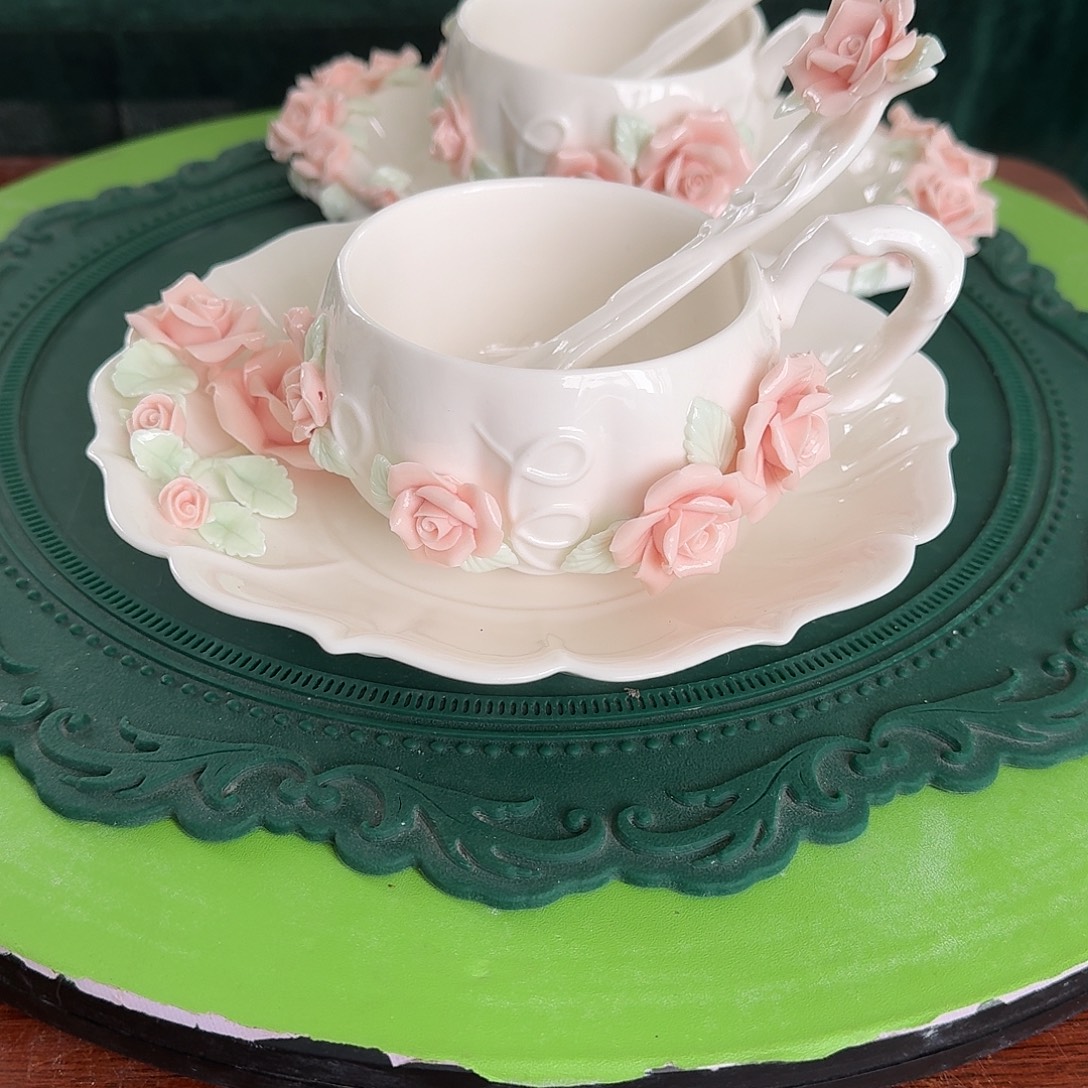 手工捏花玫瑰花咖啡杯碟加勺子