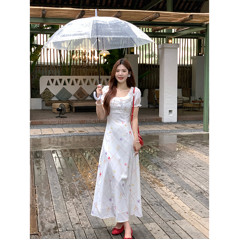 【卿卿云时】甜辣多多方领双层荷叶边连衣裙拼立体花边印花收腰长裙