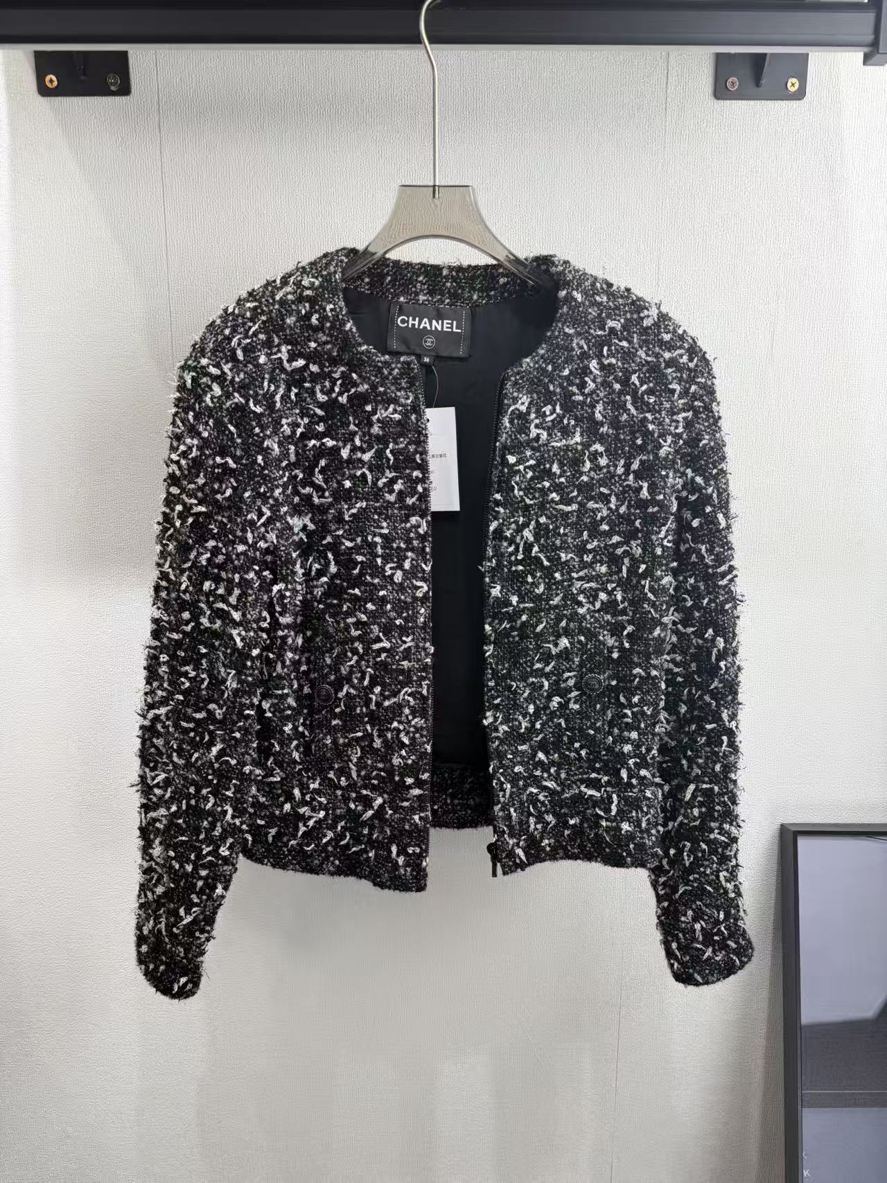 99新 Chanel/香奈儿 黑白雪花毛呢小香风外套36码