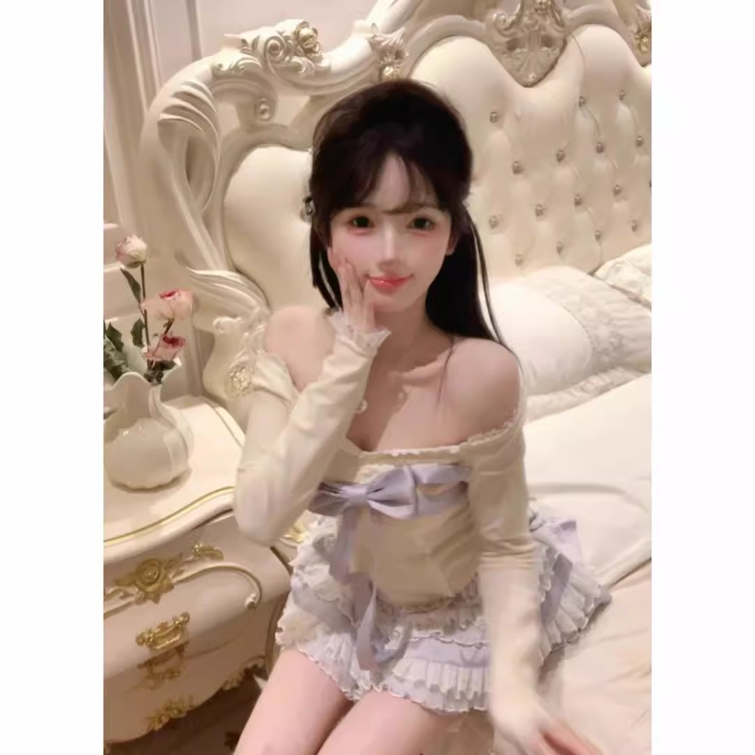 纯欲甜辣妹蝴蝶结一字肩长袖t恤女春季韩系高腰蕾丝半身裙两件套