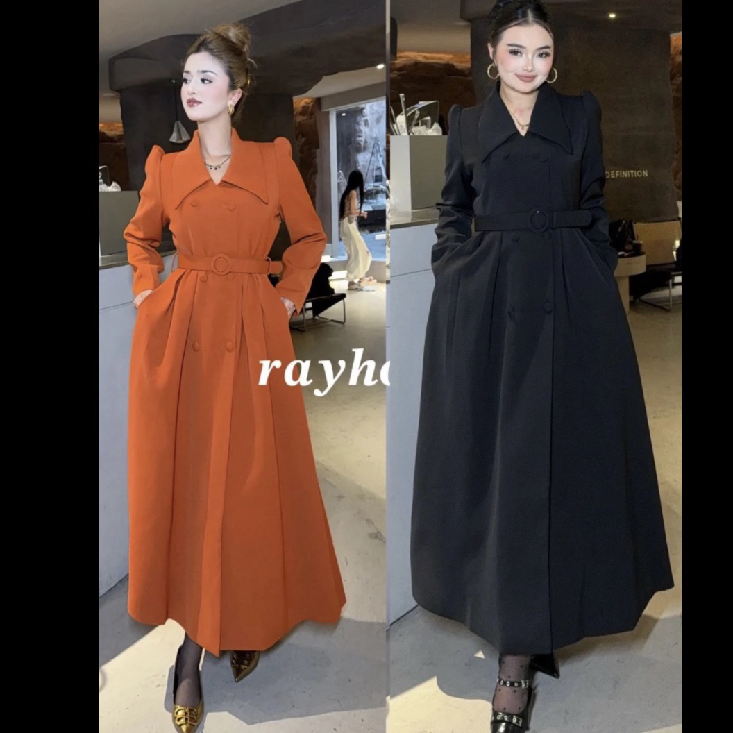 Rayhob新款法式系扣翻领通勤名媛气质收腰中长款风衣连衣裙